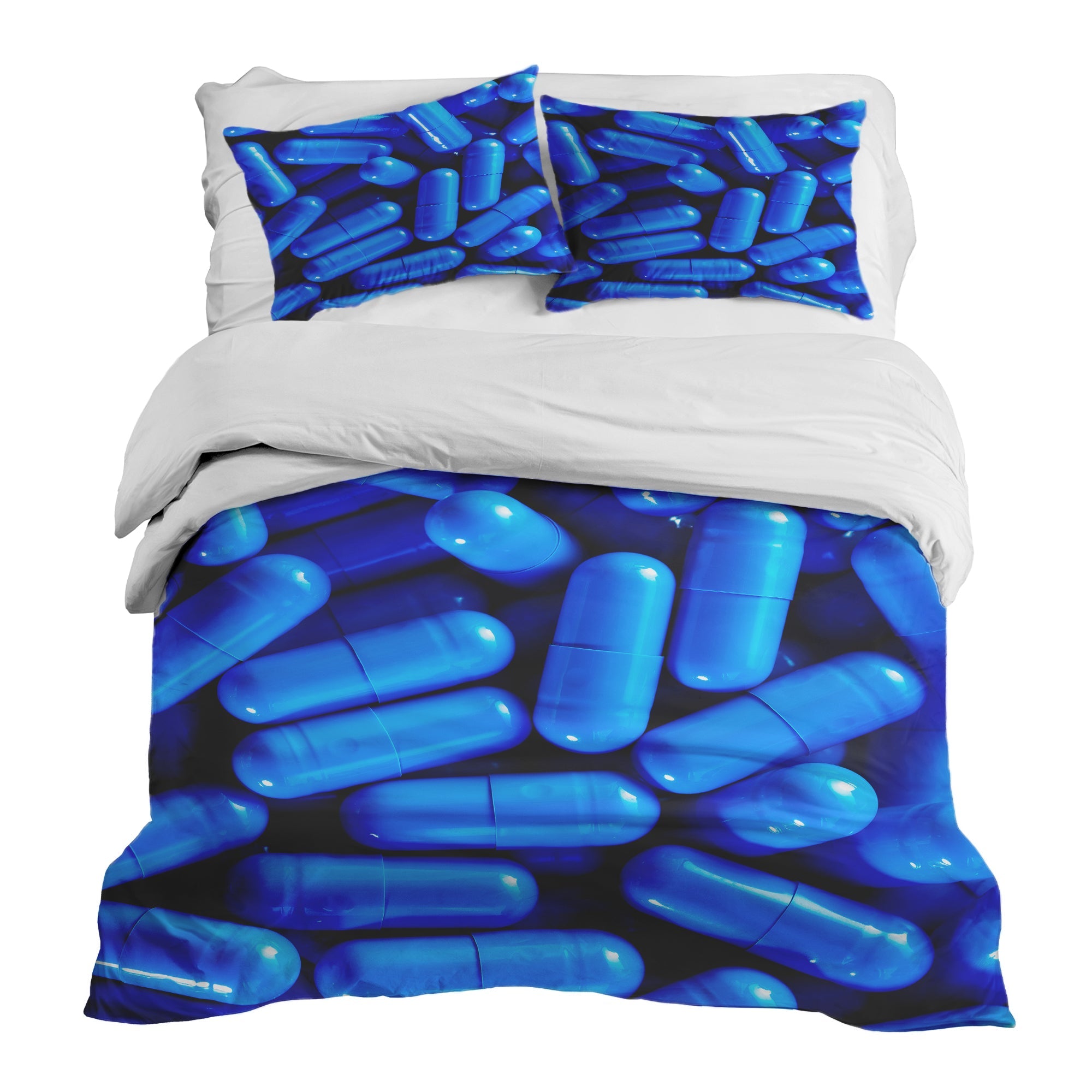 Set di biancheria da letto con coperta terapeutica blu pillole