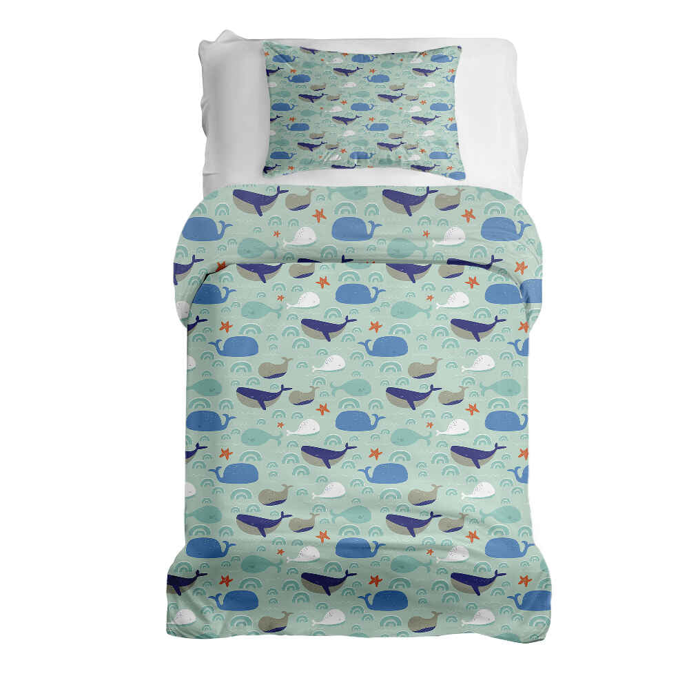 Set di biancheria da letto con coperte terapeutiche verde con balene