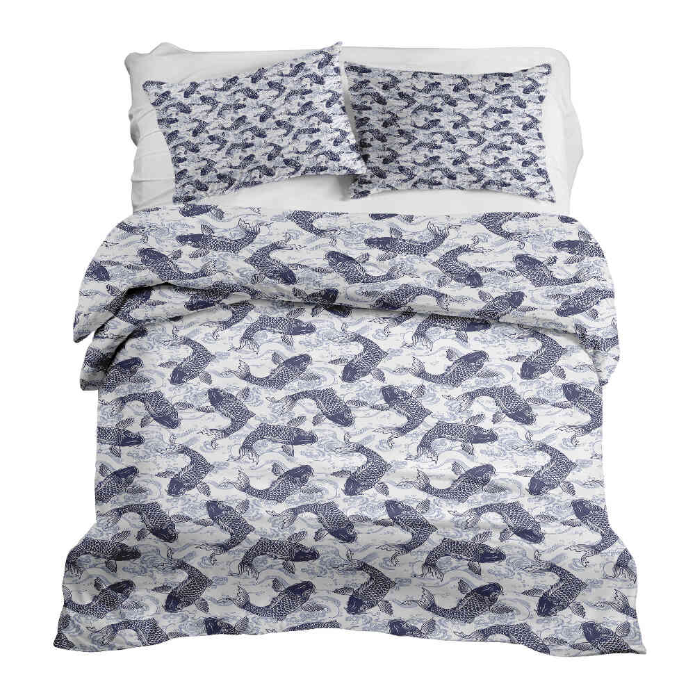 Set di biancheria da letto con coperta terapeutica e carpe koi blu