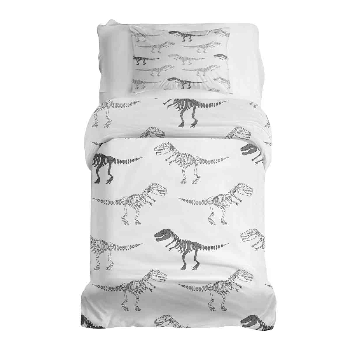 Set di biancheria da letto con coperta terapeutica bianca con scheletro di dinosauro