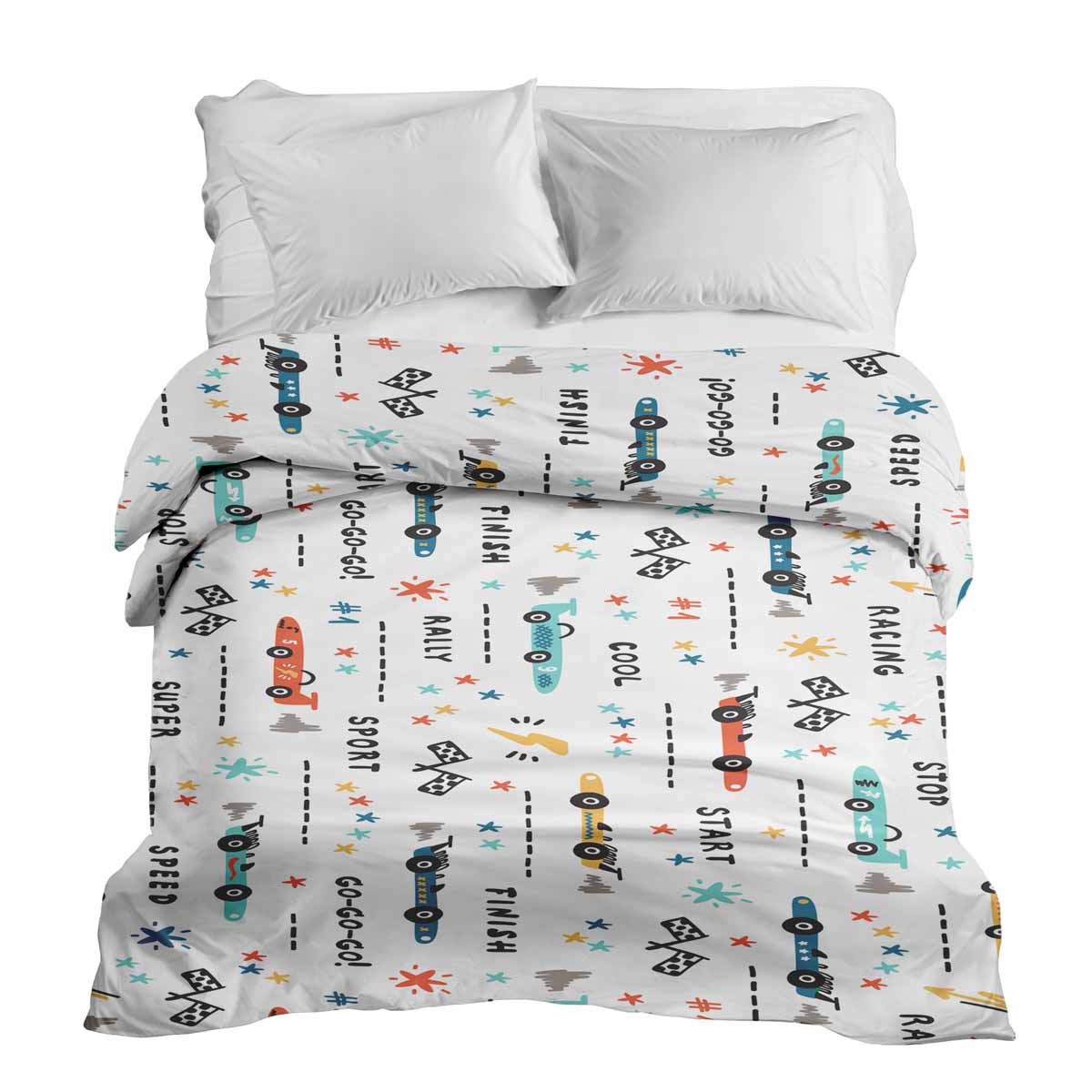 Coperta terapeutica originale - Rivestimento in cotone bianco con macchine da corsa