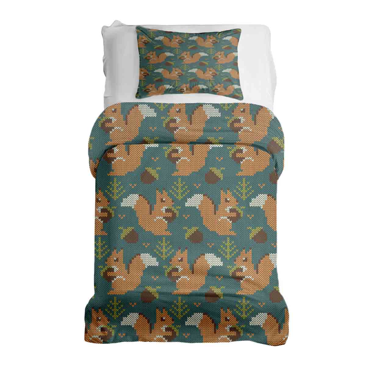 Set di biancheria da letto con coperta terapeutica verde con scoiattolo
