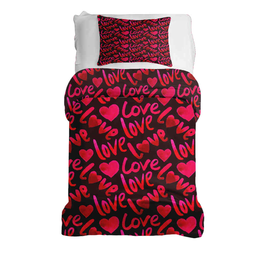 Set di biancheria da letto con coperta terapeutica nera con scritta Love