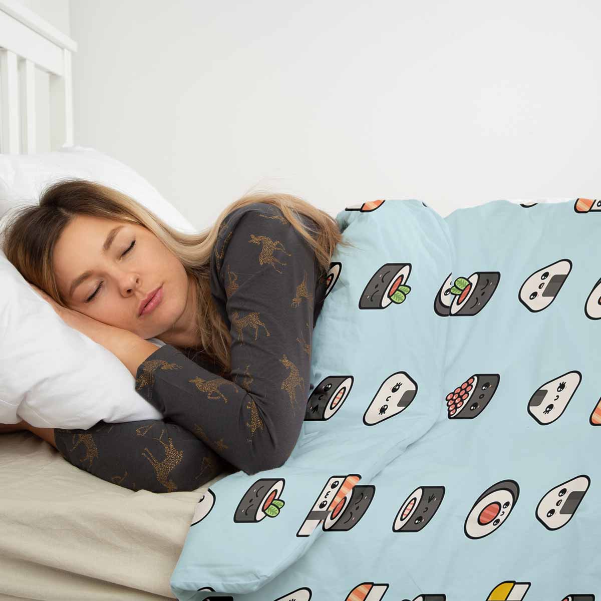 Set di biancheria da letto con coperta terapeutica azzurro chiaro con sushi