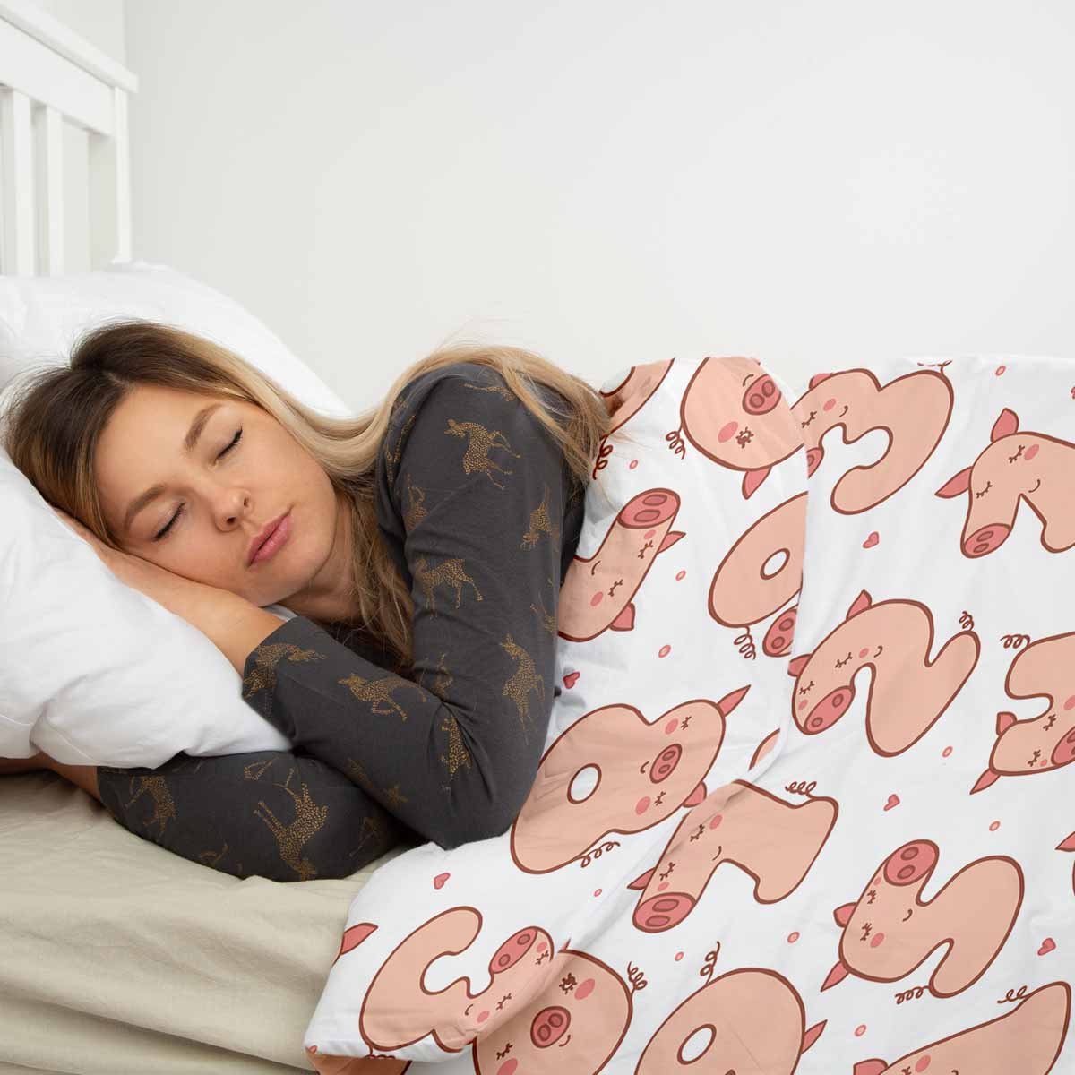 Coperta terapeutica originale - Rivestimento in cotone bianco con numeri e maialini