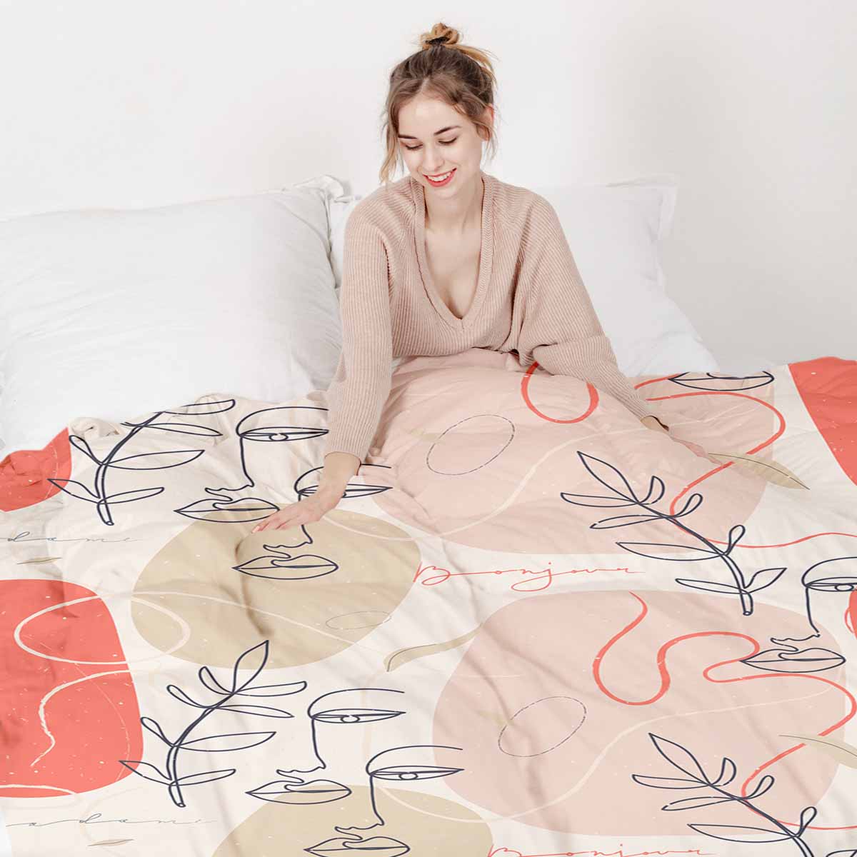 Coperta terapeutica originale - Rivestimento in cotone beige con volto astratto