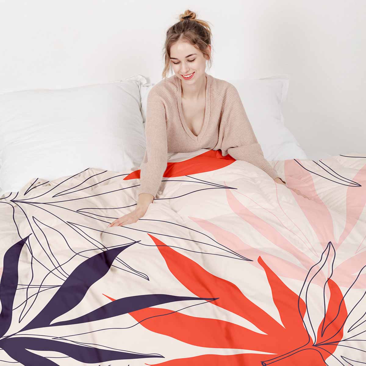 Set di biancheria da letto con coperte terapeutiche beige con foglie colorate