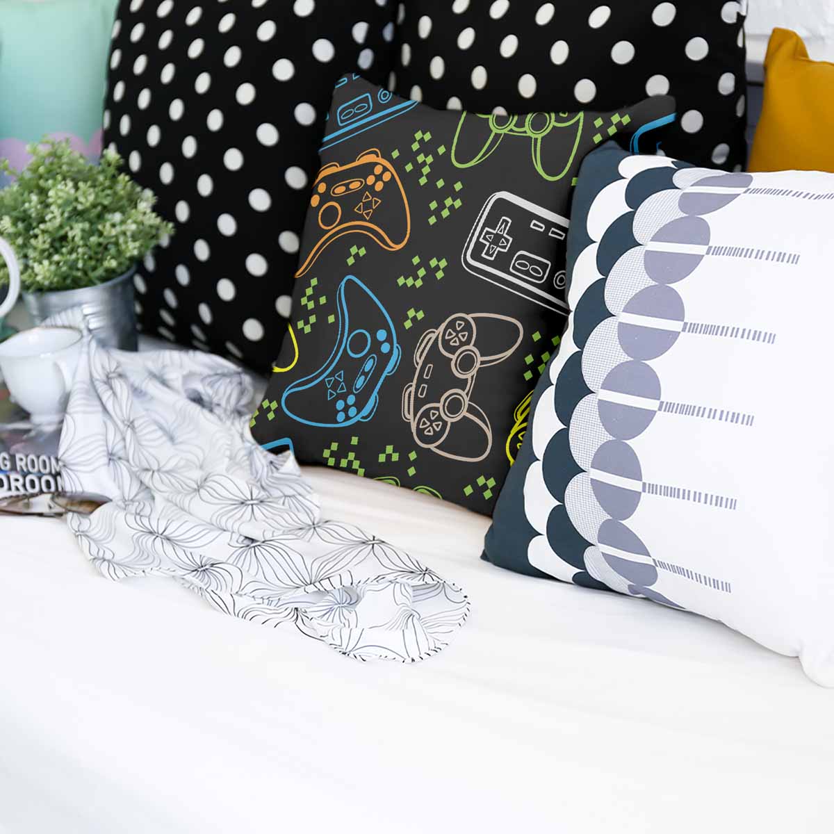 Cuscino salute nero con console di gioco