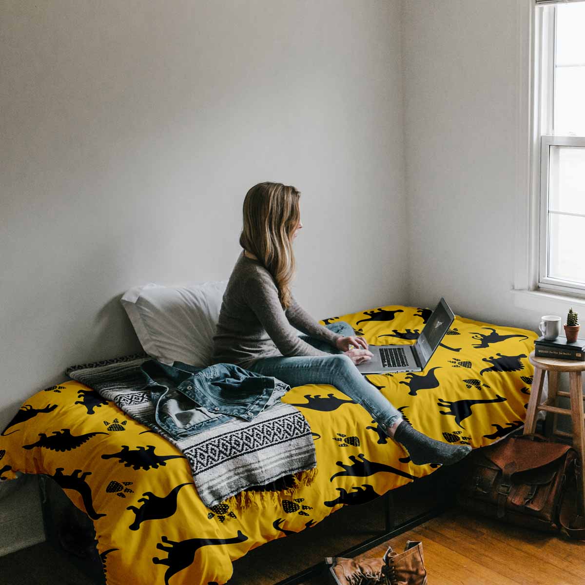 Set di biancheria da letto con coperte terapeutiche gialle con dinosauri