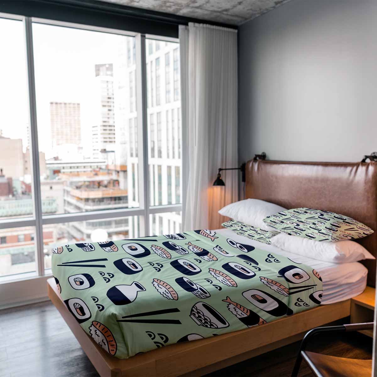 Set di biancheria da letto con coperta terapeutica verde chiaro con sushi