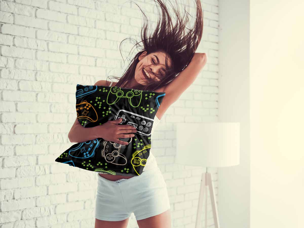 Cuscino salute nero con console di gioco