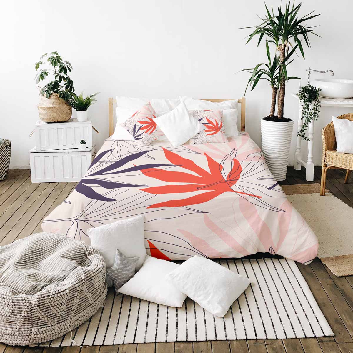 Set di biancheria da letto con coperte terapeutiche beige con foglie colorate