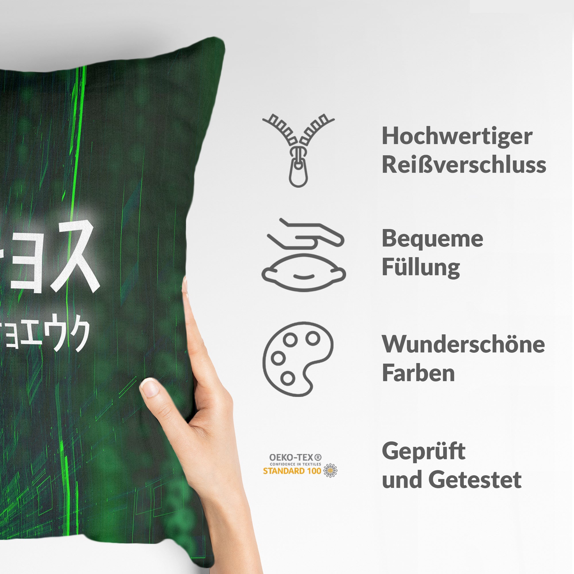 Cuscino per la salute in verde con caratteri scritti