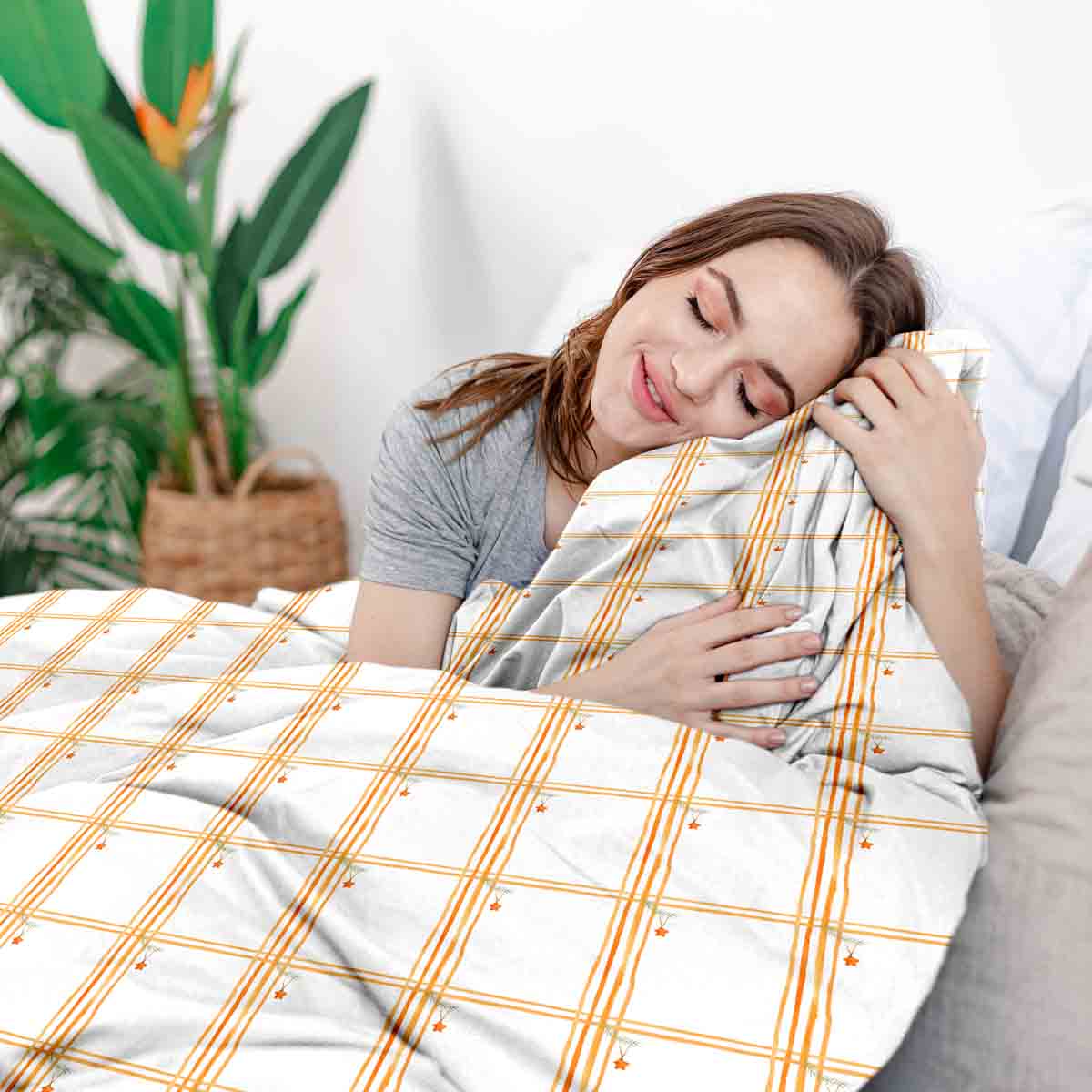 Set di biancheria da letto con coperta terapeutica gialla a quadri