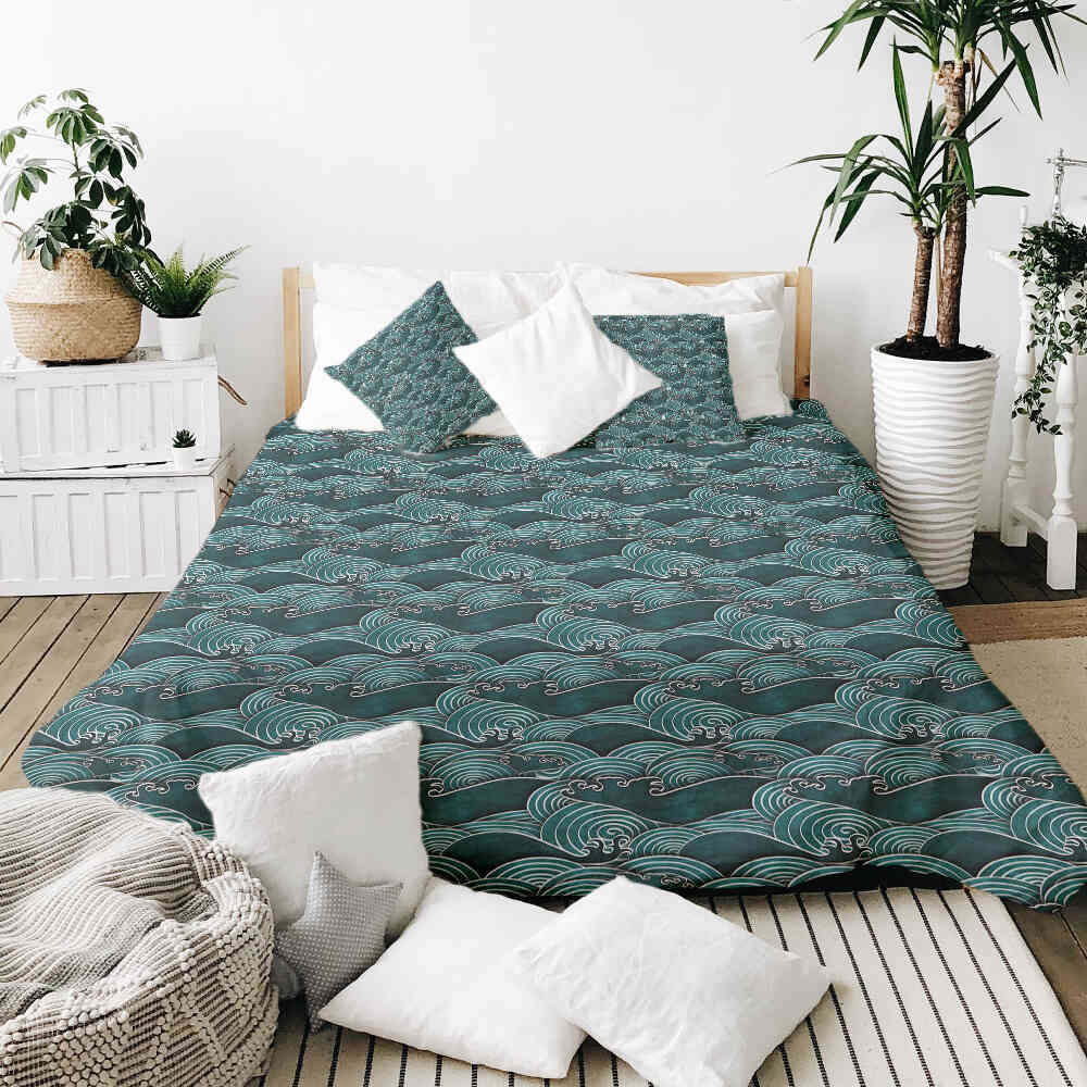 Set di biancheria da letto con coperta terapeutica onde turchese-verde