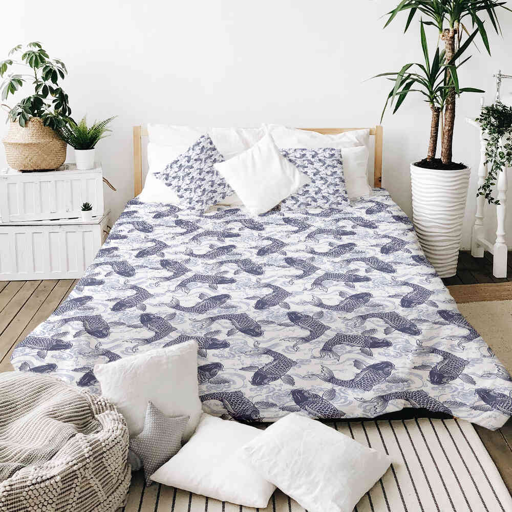 Set di biancheria da letto con coperta terapeutica e carpe koi blu