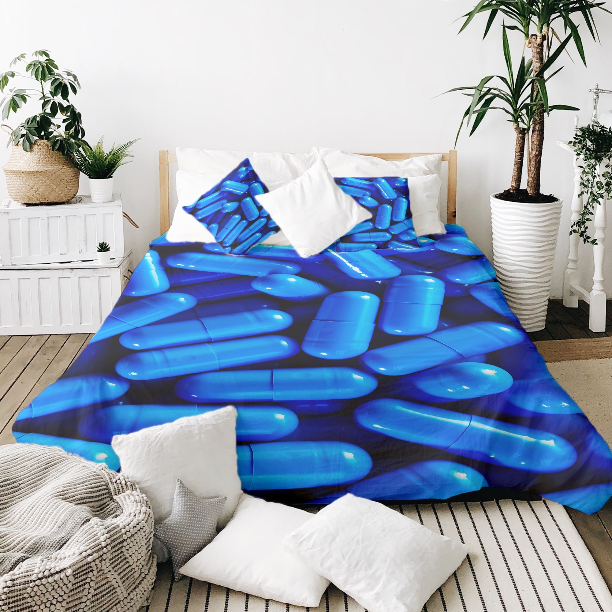 Set di biancheria da letto con coperta terapeutica blu pillole