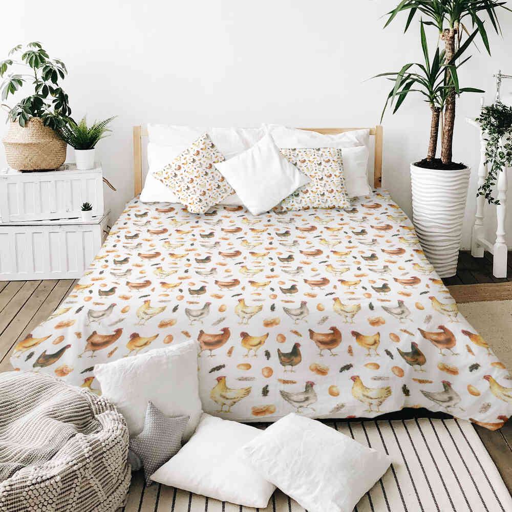 Set di biancheria da letto con coperte terapeutiche bianco con galline
