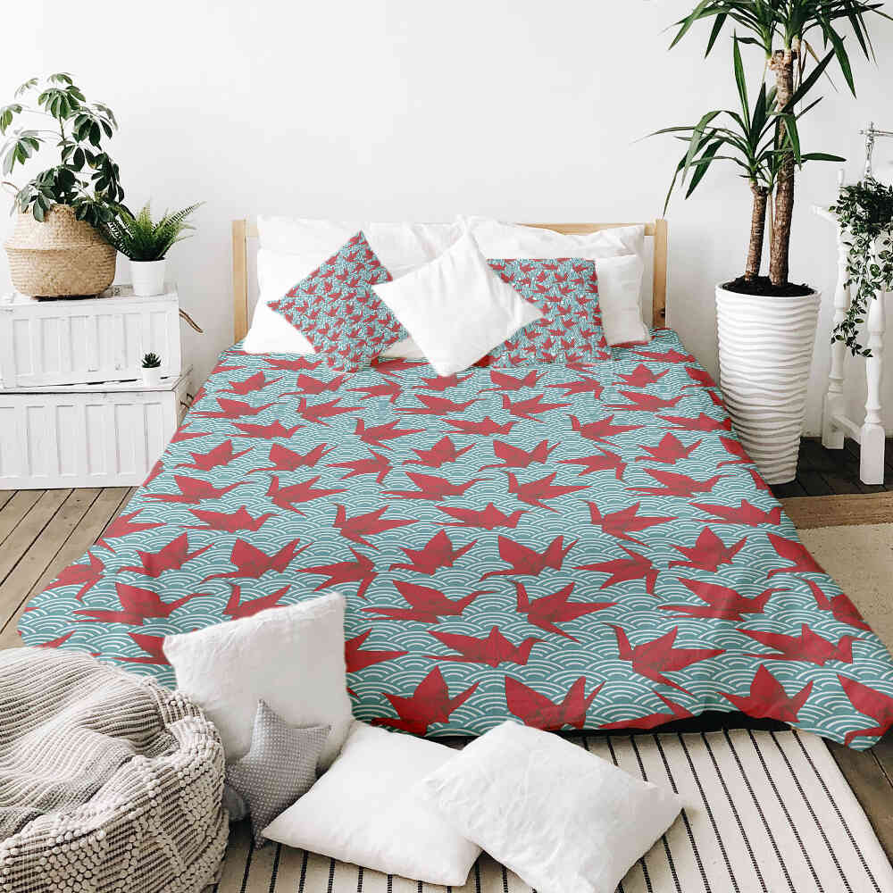Set di biancheria da letto con coperta terapeutica rosso origami