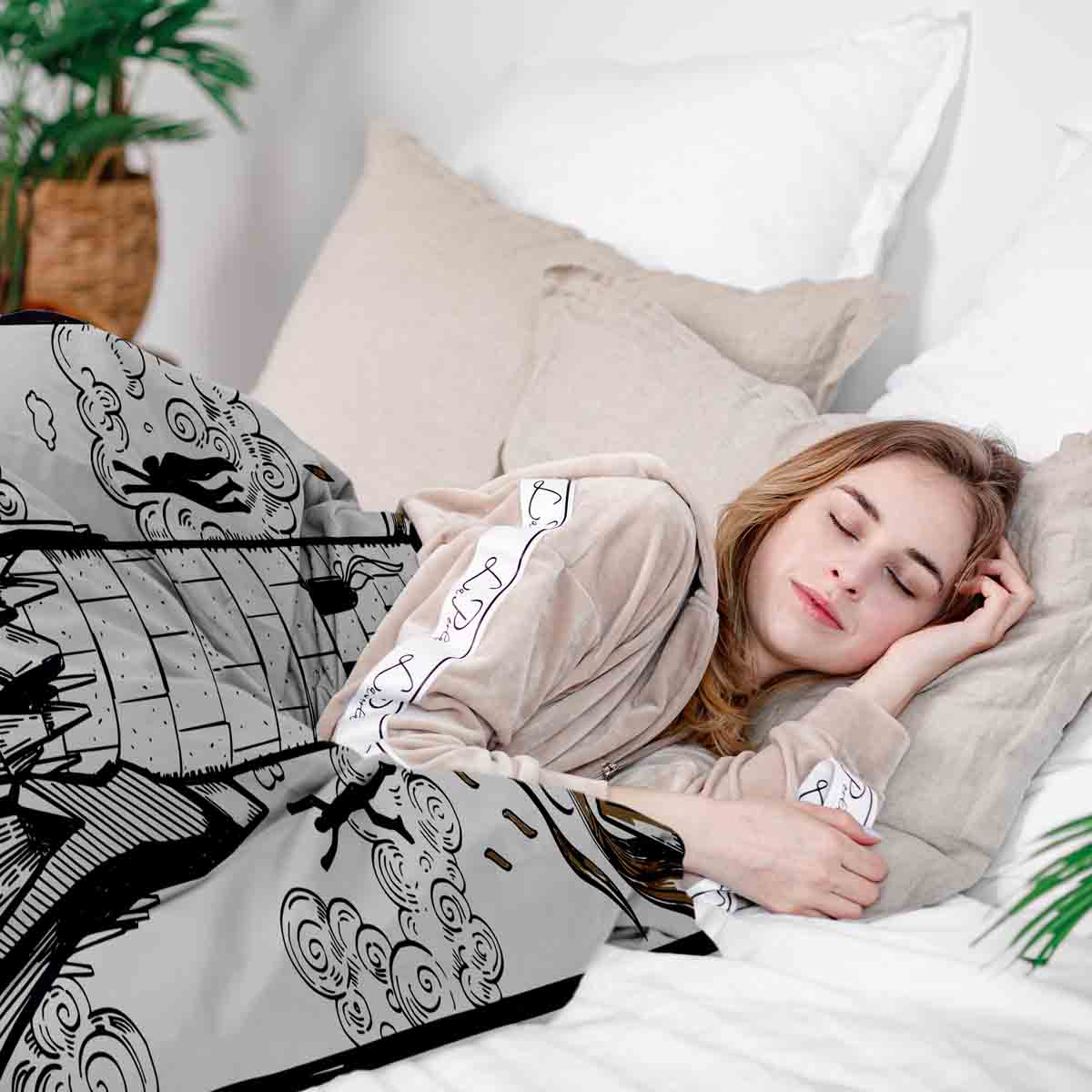 Set di biancheria da letto con coperta terapeutica bianca con torre