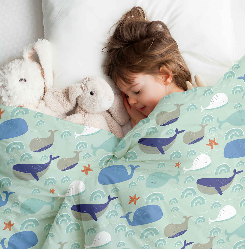 Set di biancheria da letto con coperte terapeutiche verde con balene