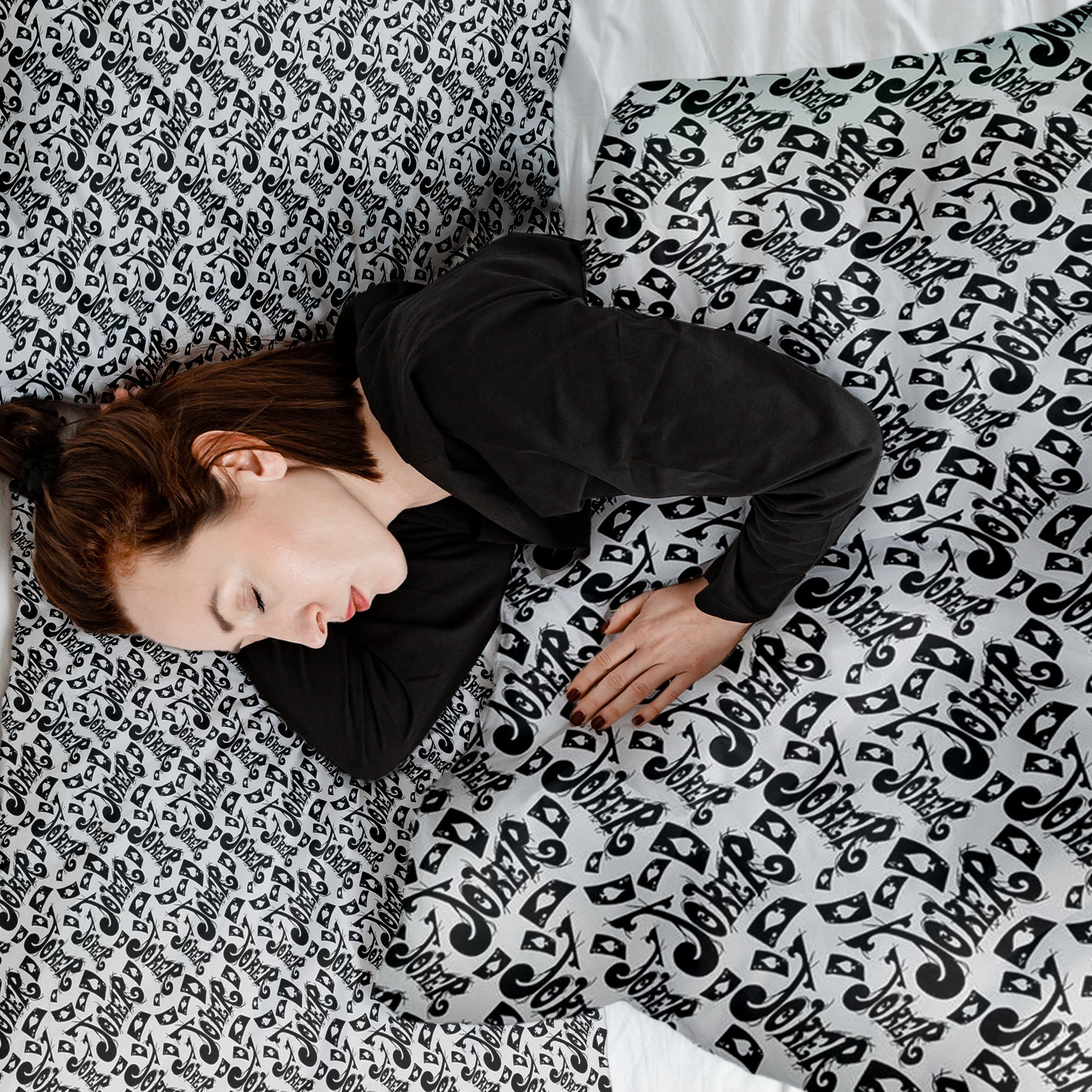 Set di biancheria da letto con coperta terapeutica scritta in nero Joker
