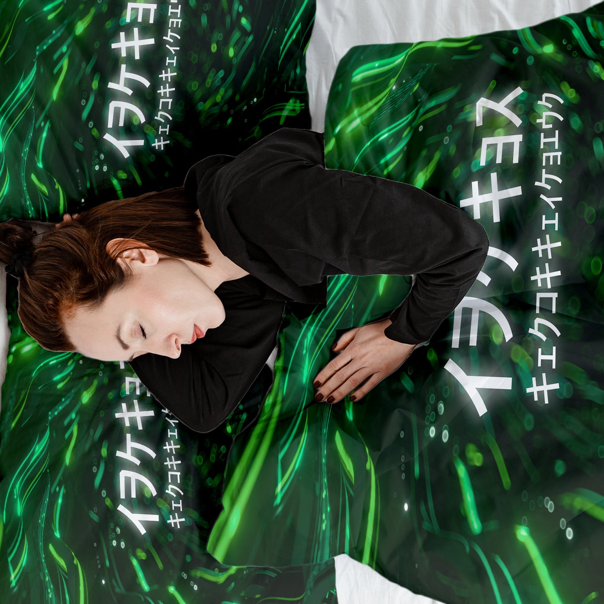 Set di biancheria da letto con coperta terapeutica verde con caratteri cinesi