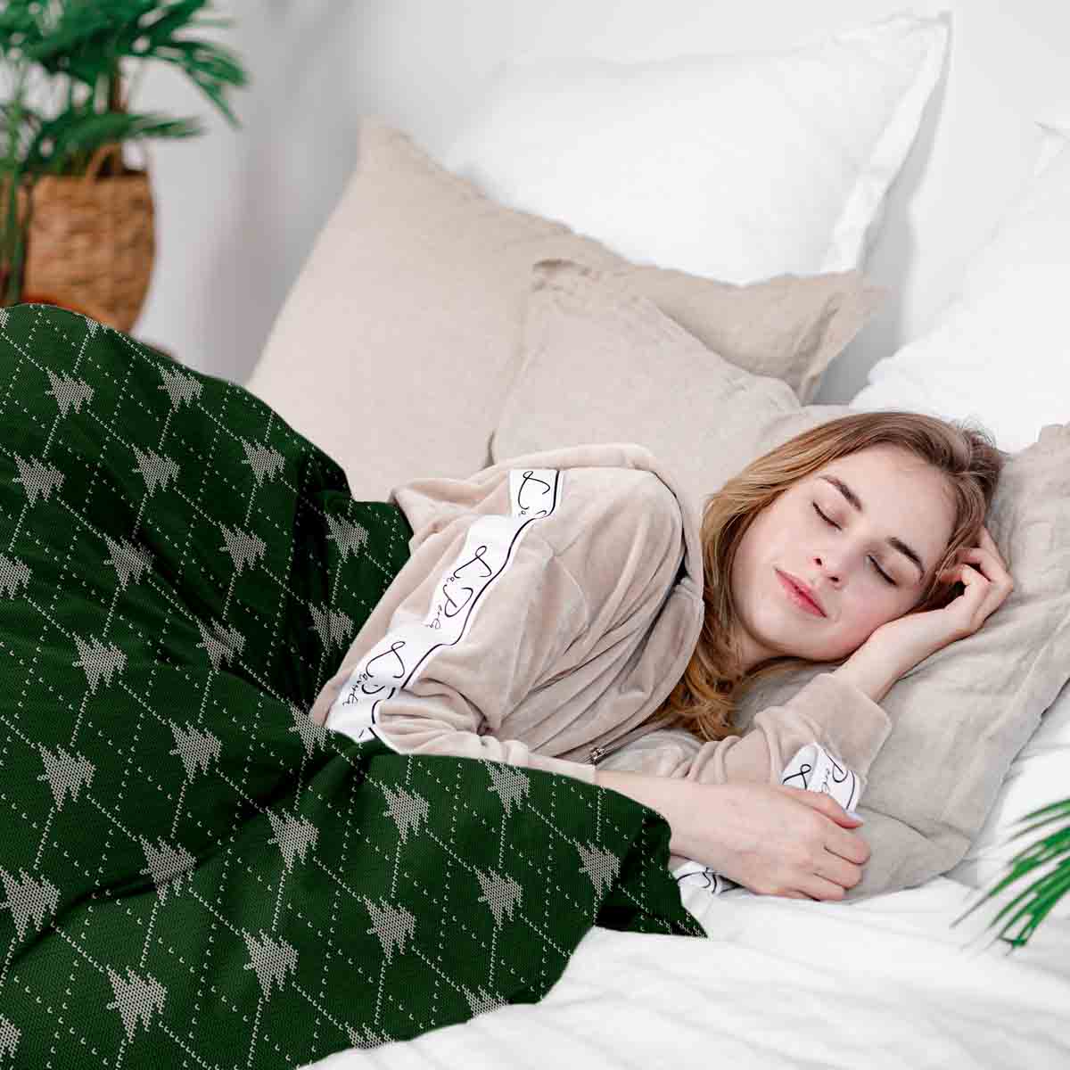 Set di biancheria da letto con coperte terapeutiche verde con alberi di abete