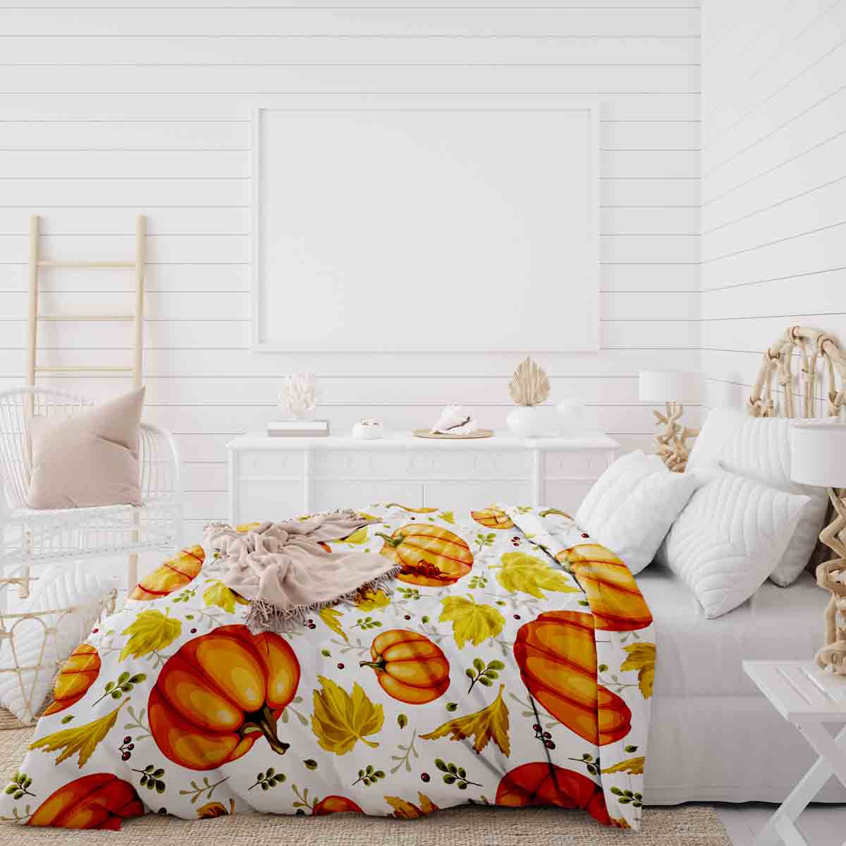 Set di biancheria da letto con coperte terapeutiche bianco con grandi zucche