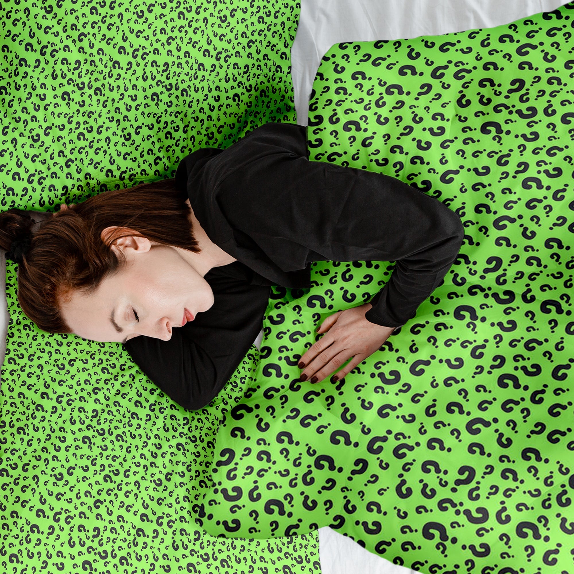 Set di biancheria da letto con coperta terapeutica verde chiaro con punto interrogativo