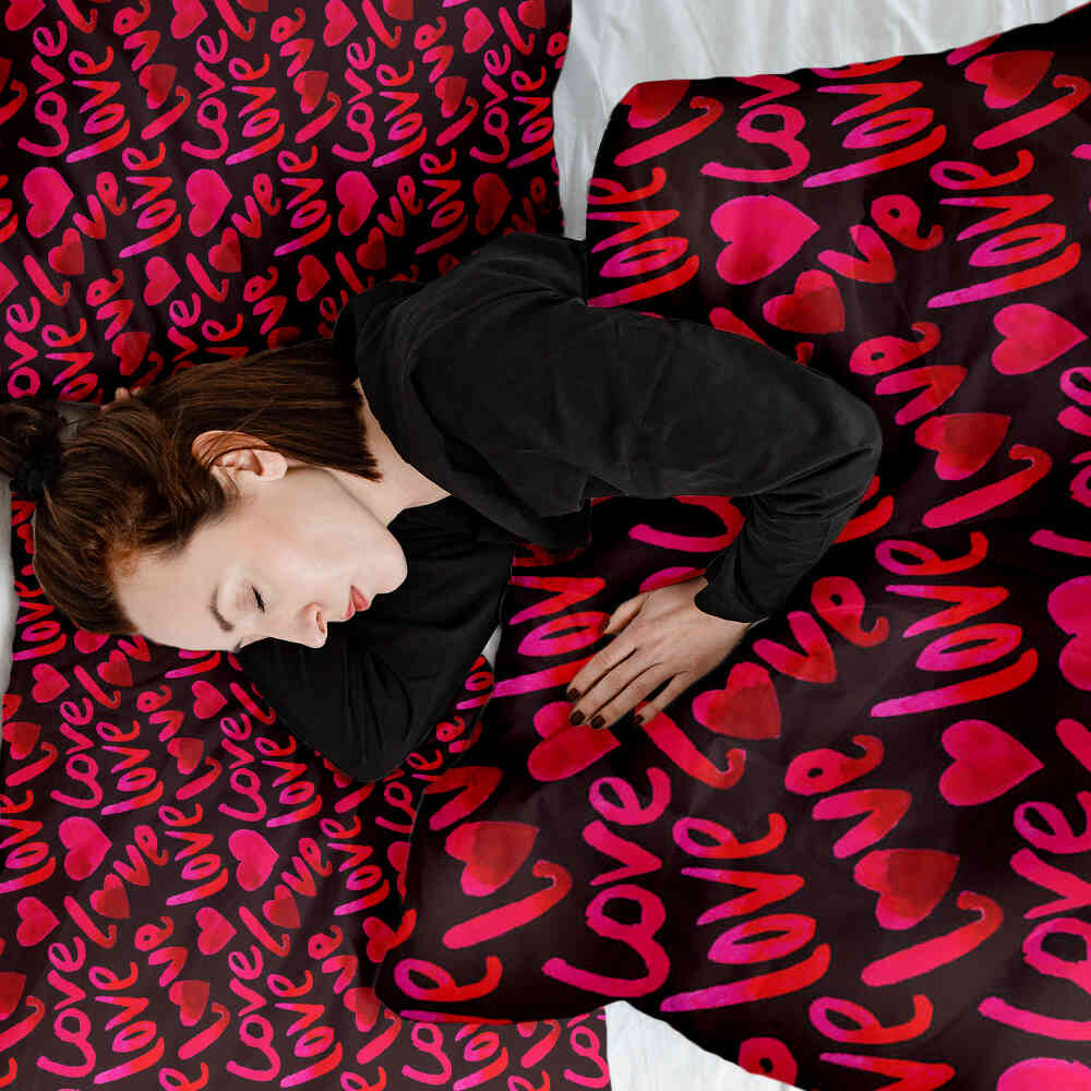 Set di biancheria da letto con coperta terapeutica nera con scritta Love
