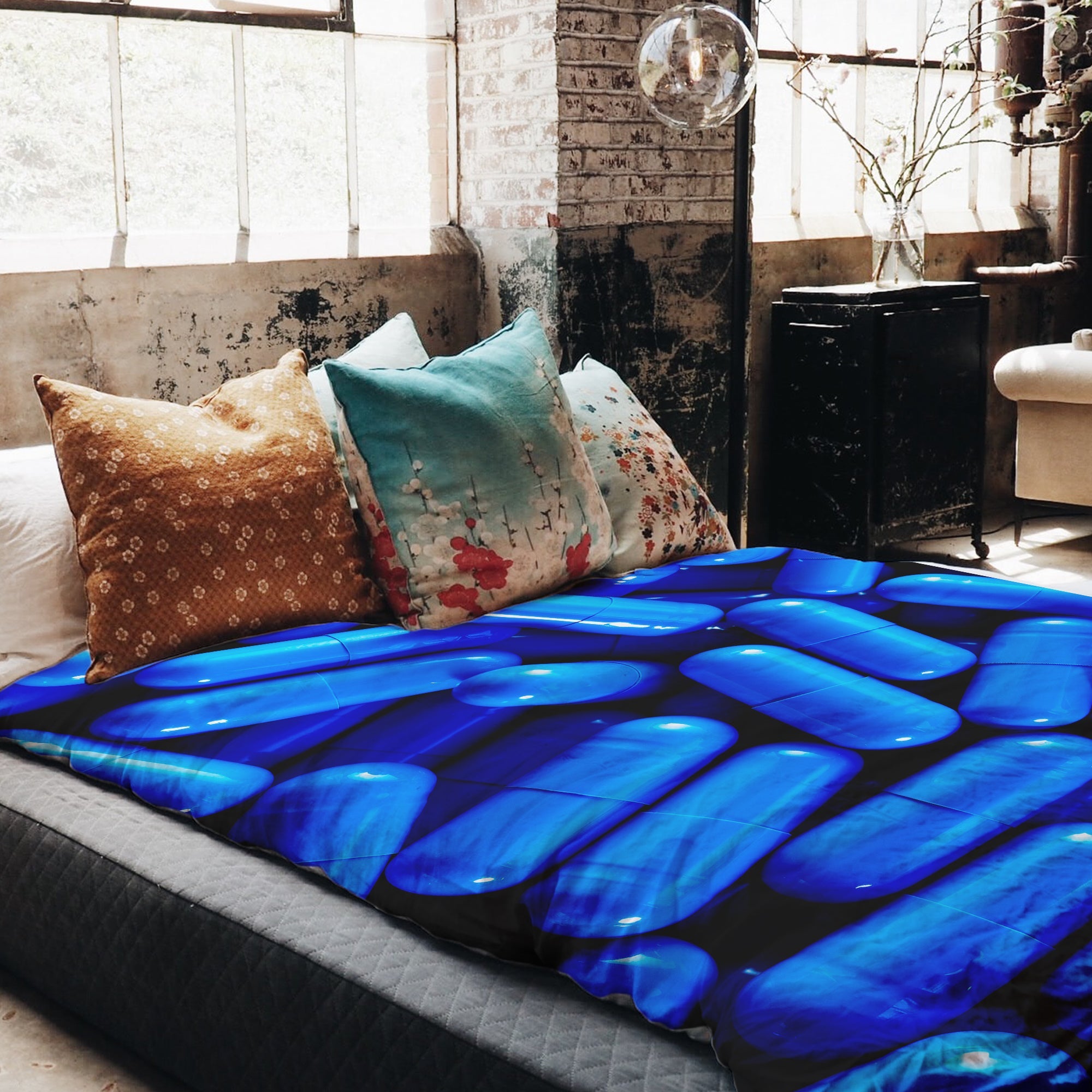 Set di biancheria da letto con coperta terapeutica blu pillole