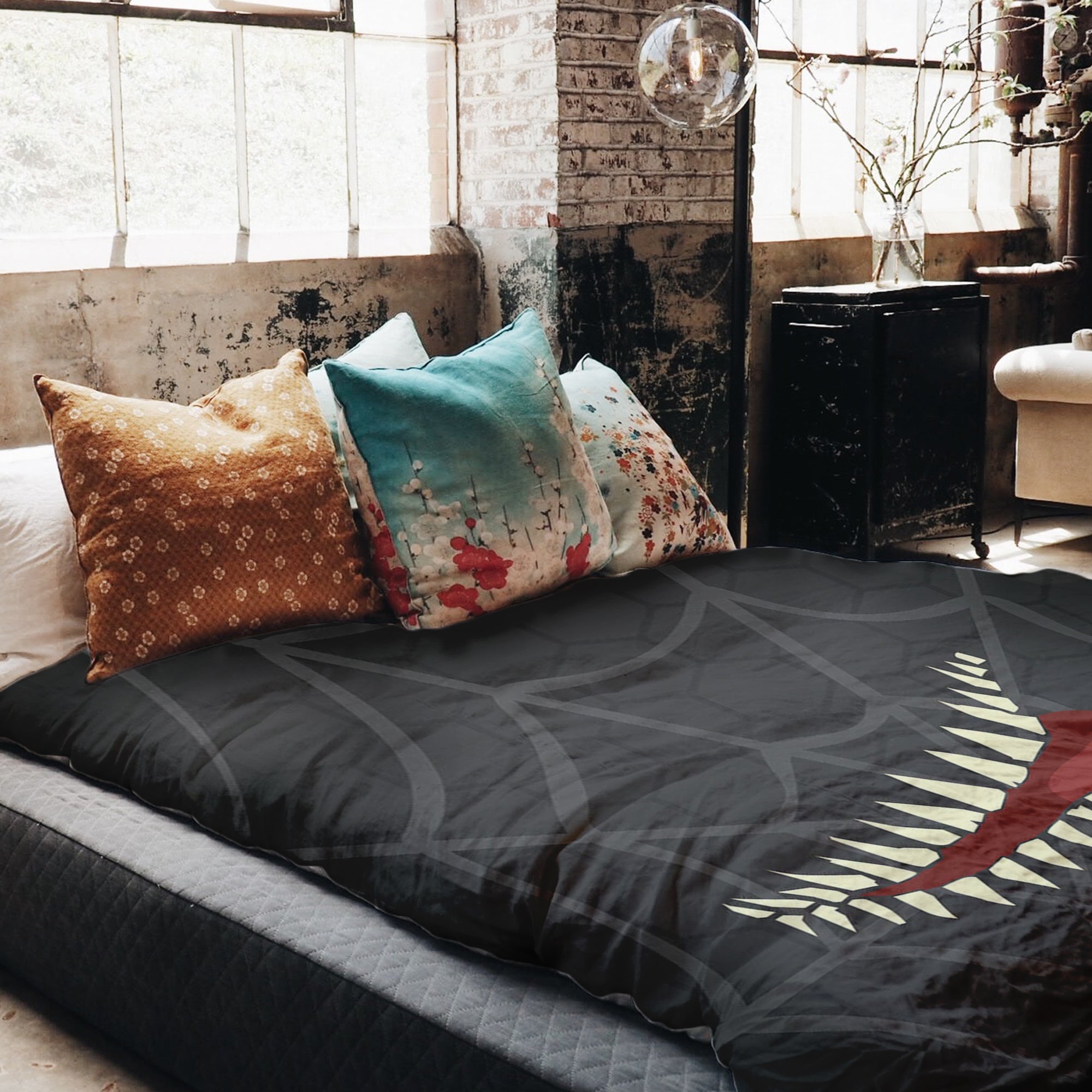 Set di biancheria da letto con coperta terapeutica grigia a ragnatela