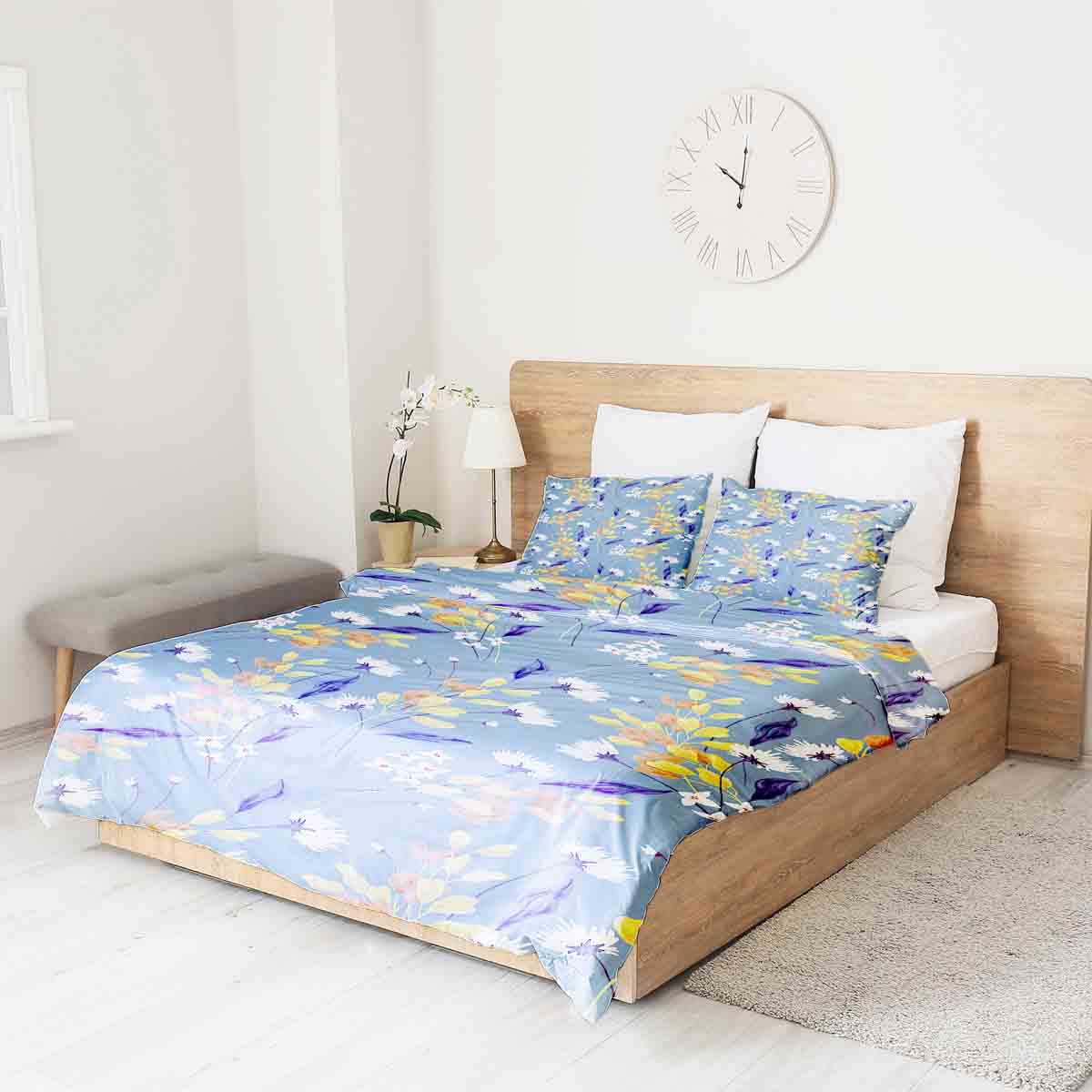Set di biancheria da letto con coperta terapeutica blu con mazzo di fiori