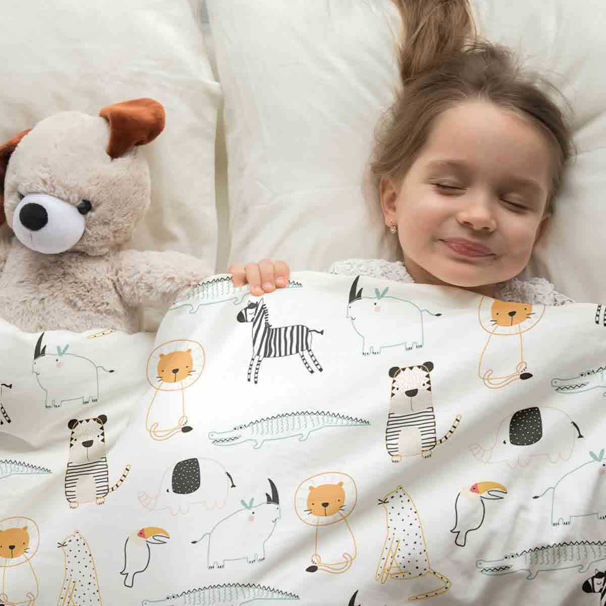 Set di biancheria da letto con coperte terapeutiche bianche con animali dello zoo