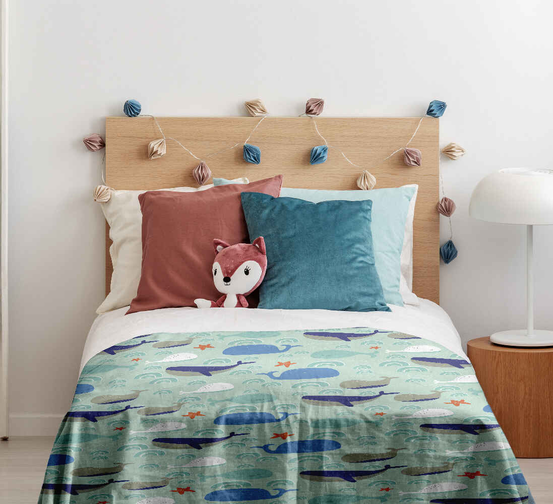 Set di biancheria da letto con coperte terapeutiche verde con balene