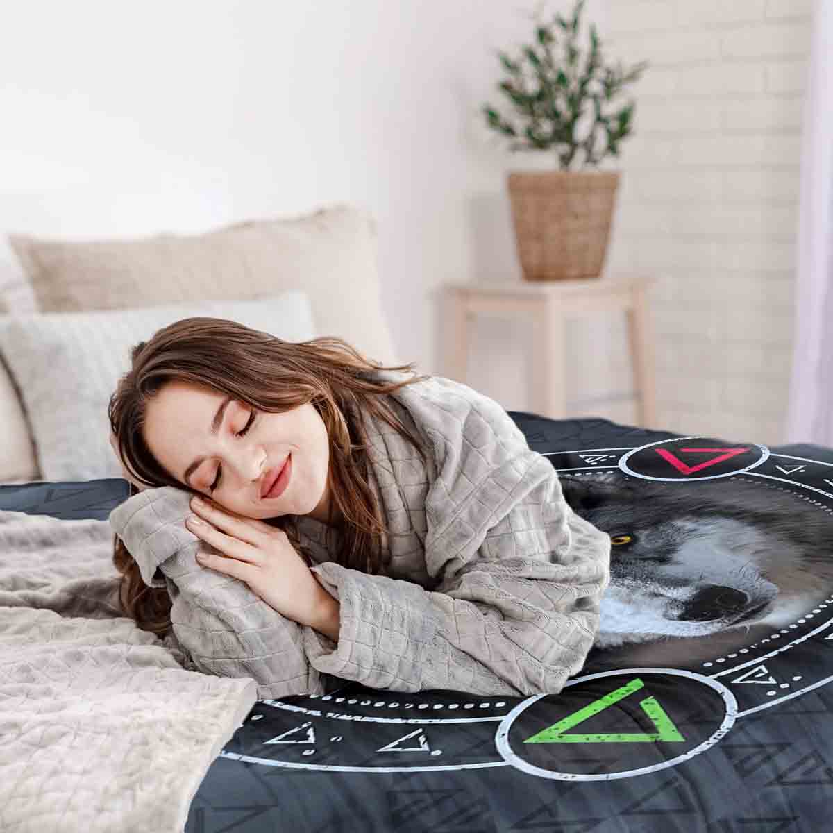 Set di biancheria da letto con coperta terapeutica grigia con lupo