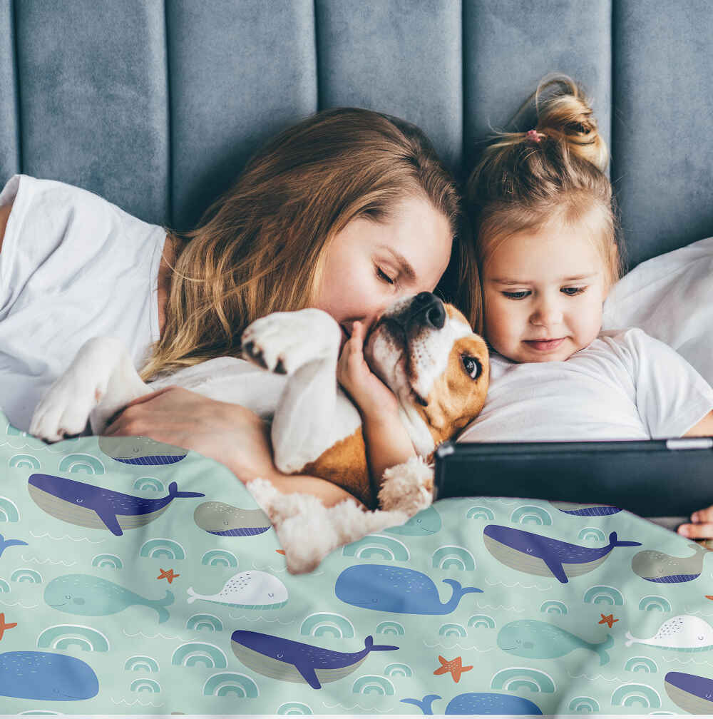 Set di biancheria da letto con coperte terapeutiche verde con balene