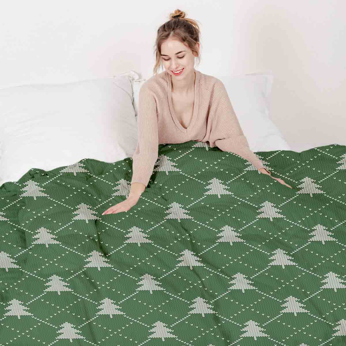 Set di biancheria da letto con coperte terapeutiche verde con alberi di abete