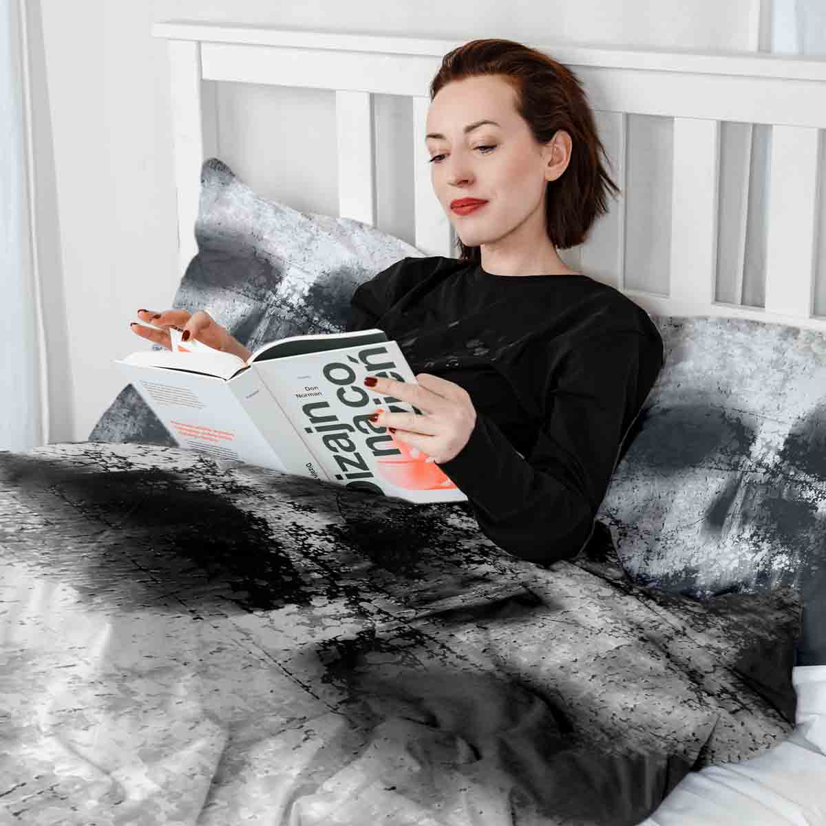 Set di biancheria da letto con coperta terapeutica nera con motivo mélange