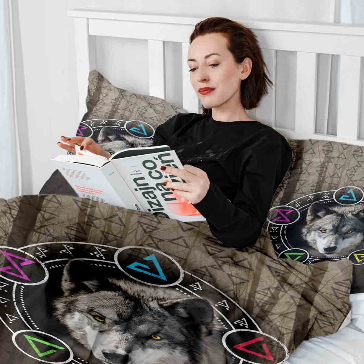 Set di biancheria da letto con coperta terapeutica marrone con lupo