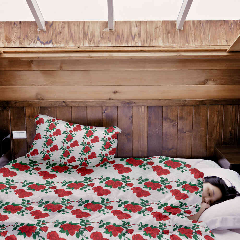 Set di biancheria da letto con coperta terapeutica bianca con cespuglio di rose