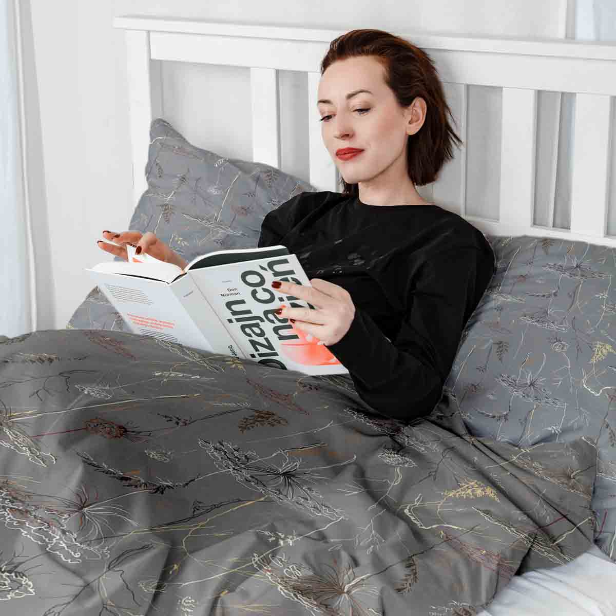 Set di biancheria da letto con coperte terapeutiche grigio con piante dorate