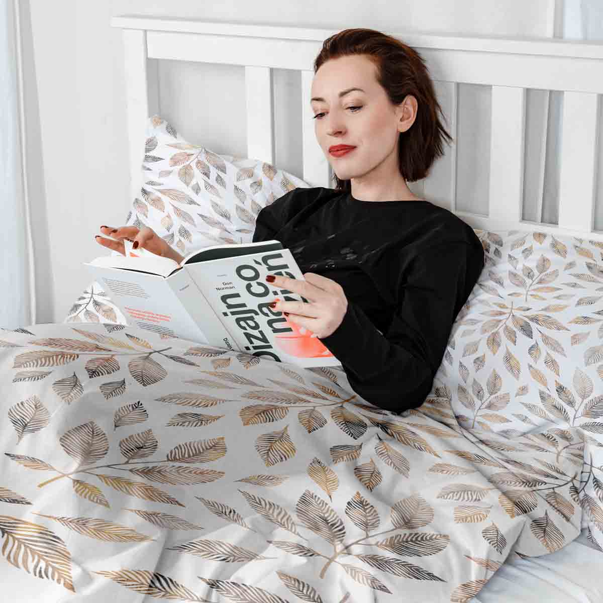 Set di biancheria da letto con coperte terapeutiche bianco con rami marrone chiaro