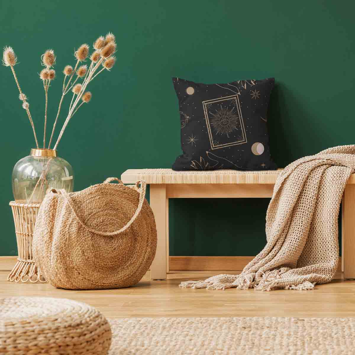 Cuscino sanitario nero con sole, luna e stelle
