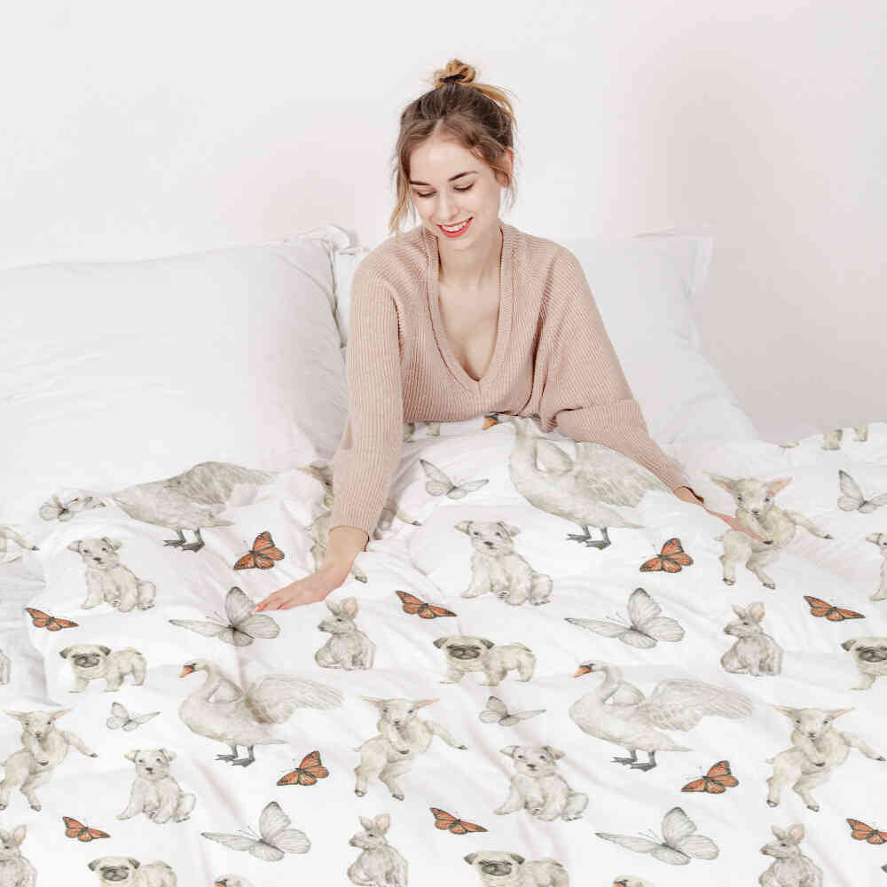 Set di biancheria da letto con coperta terapeutica bianca animali dolci