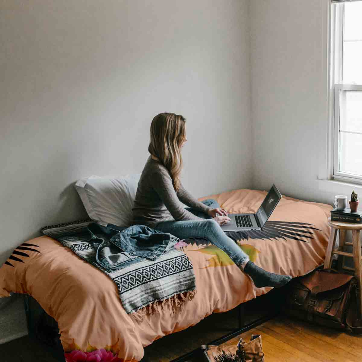 Set di biancheria da letto con coperta terapeutica arancione con gru