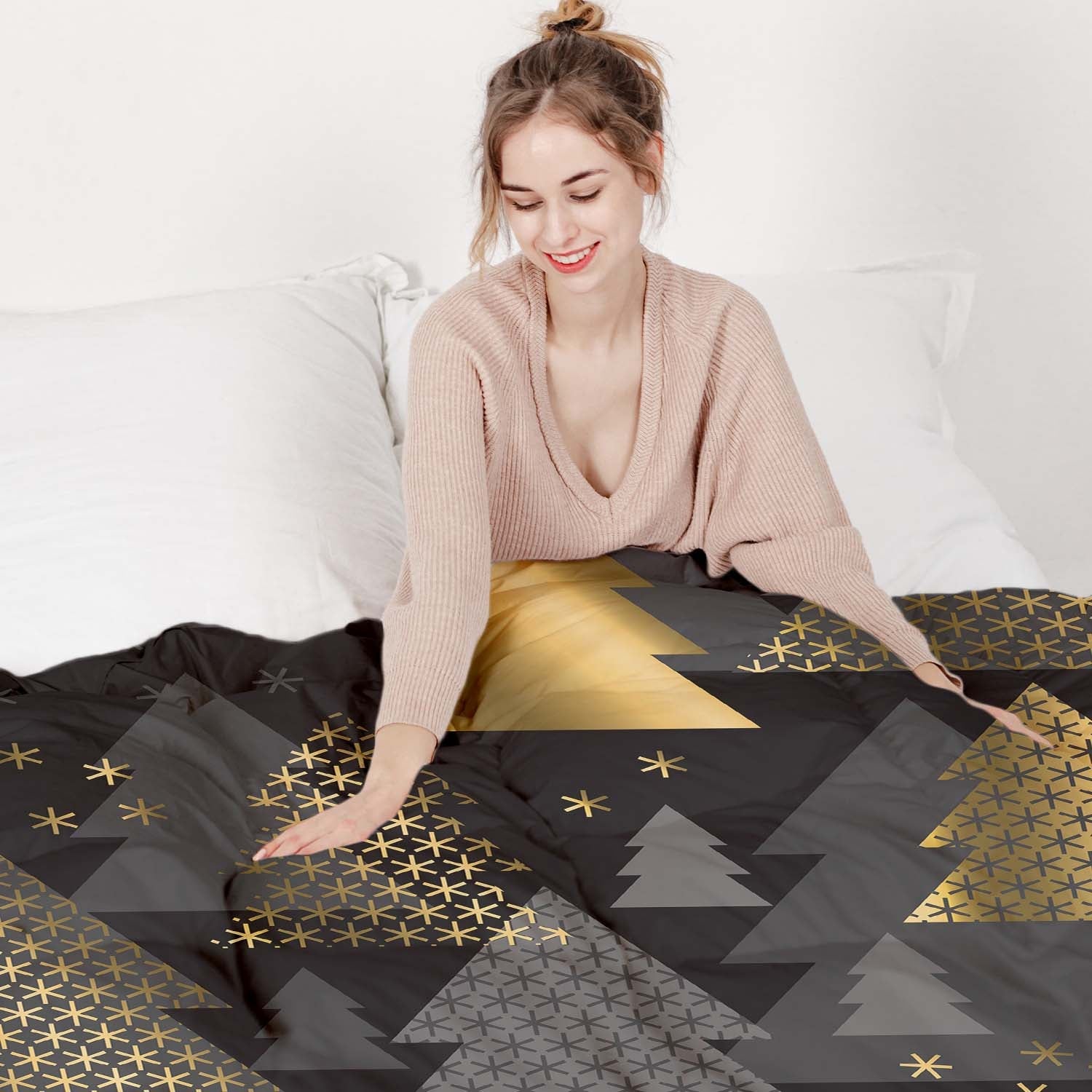 Set di biancheria da letto con coperte terapeutiche e alberi di Natale dorati