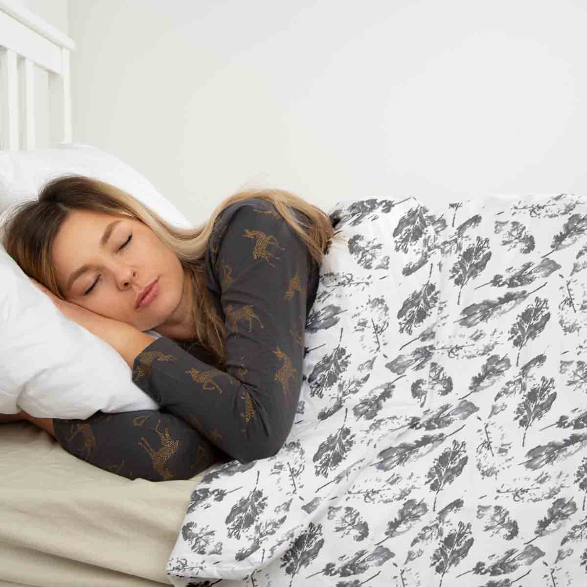 Coperta terapeutica originale - Rivestimento in cotone bianco con foglie grigie