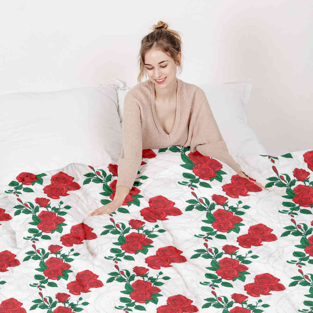 Set di biancheria da letto con coperta terapeutica bianca con cespuglio di rose